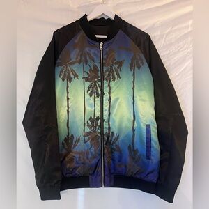 The Rail Reversible Black and Blue Gradient Palm Satin Jacket sz XL
